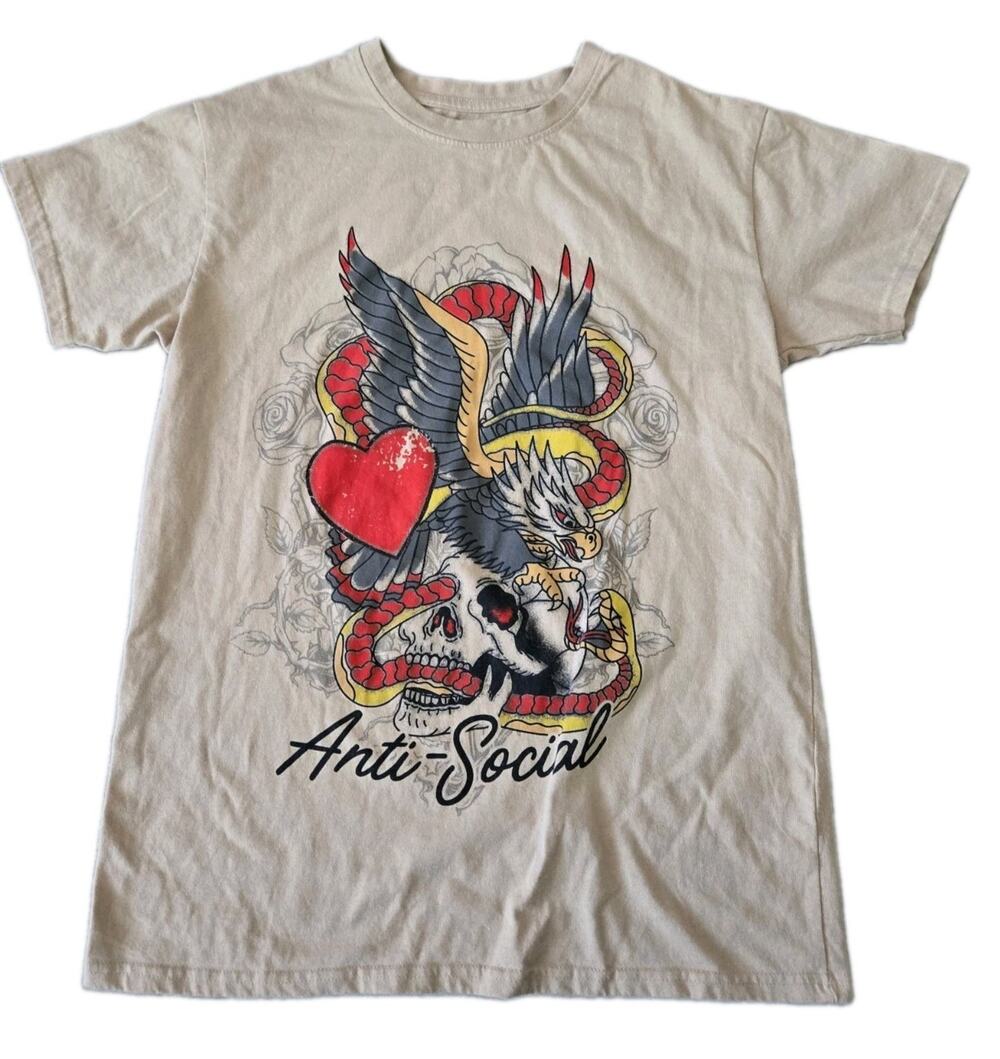 Anti-Social Tattoo Heart Skull Eagle Graphic Cotton Blend T Shirt Mens Sz M